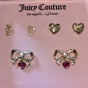 Juicy Couture Bows Pink Heart Initials Earrings Set Of 3 JC Dangle Gold NEW